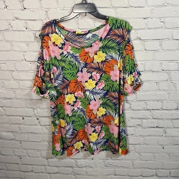 Scarlett Tops - Scarlett Plus Hawaiian Print Floral Knit Crisscross Skeeved Blouse